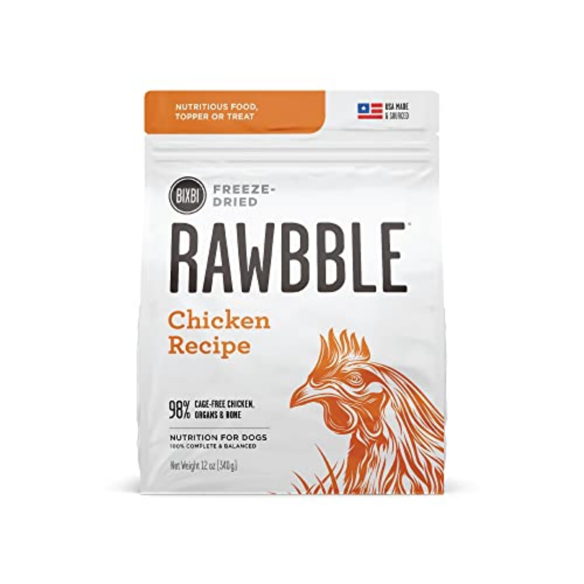 BIXBI Rawbble Freeze Dried Dog Food, AIS1Chicken Recipe, 12 oz - 98% Meat and Organs, No Fillers - Pantry-Friendly Raw Dog Food for Meal, Treat or Food Topper - USA Made in Small Batches