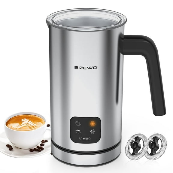 BIZEWO Milk Frother Electric, Warm and Cold Milk Steamer, 4 IN 1 Automatic Milk Warmer Stainless Steel with Touch Screen for Coffee, Latte, Macchiato, Cappuccino, Hot Chocolate