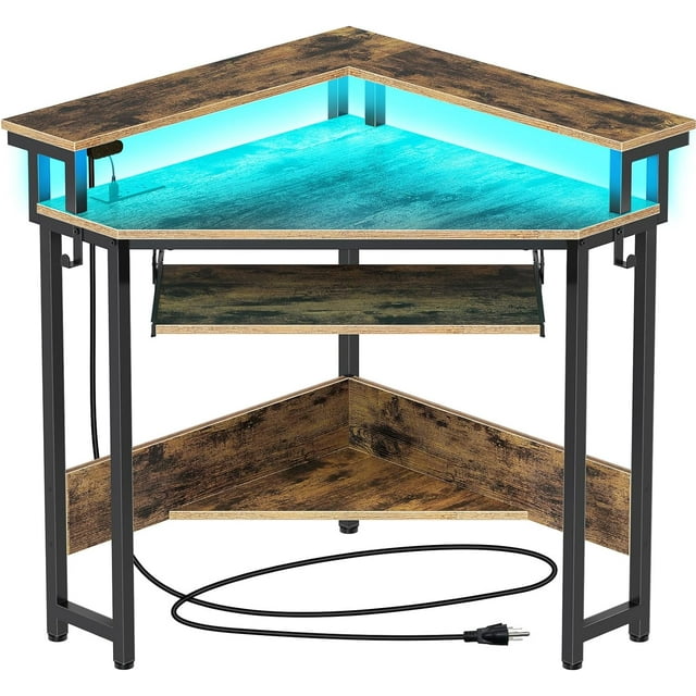 BIZFURN Corner Desk, 44.5" W x 34.5" H Small Computer Desk with Power Outlets, Gaming Desk with LED Lights, Triangle Corner Desk with Keyboard Tray & Monitor Stand for Small Space, Rustic Brown