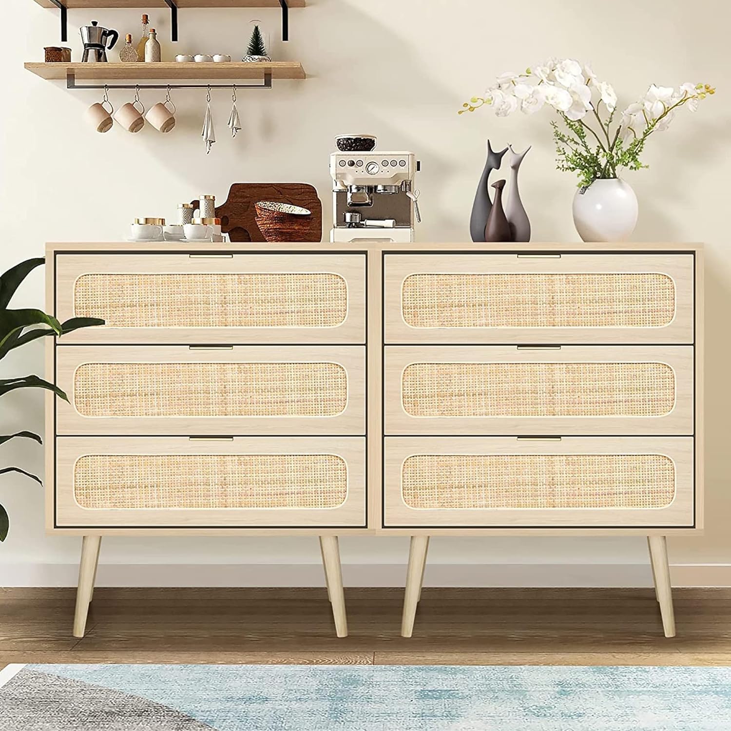 Living Roon Drawer BIZFURN Drawer Dresser Set of 2, Rattan Chest of Drawers with 3 Drawers ...
