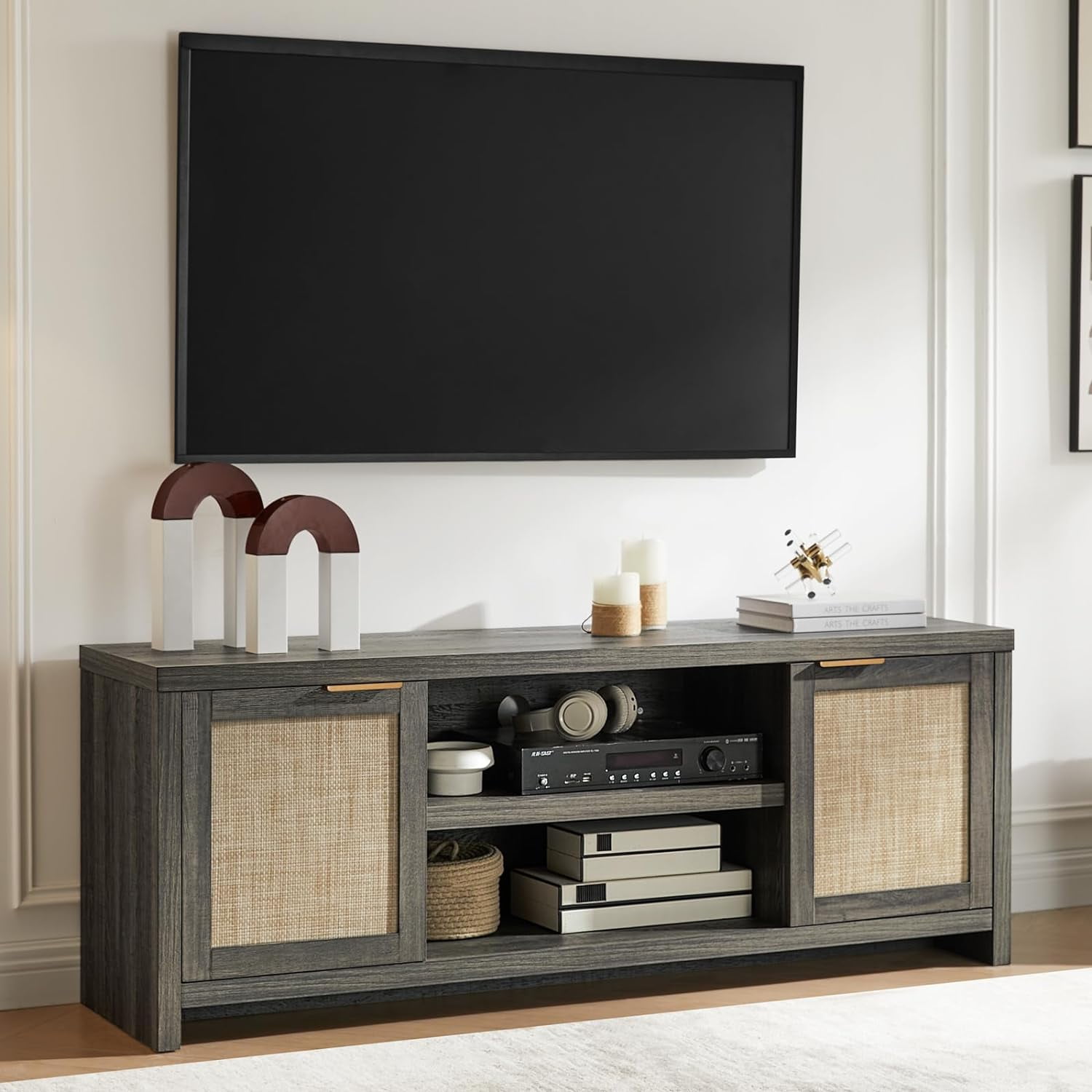 BIZFURN Hampstead 65 inch Rattan TV Stand with Storage, Entertainment