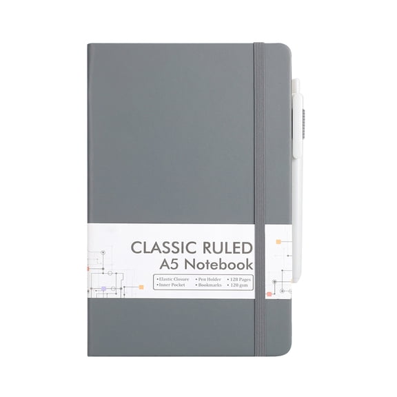 BIZHUA A5 Elastic Band Notebook Gray, Neutral Gray Journal with Elastic Closure, A5 Lined Notepad for Home Desk