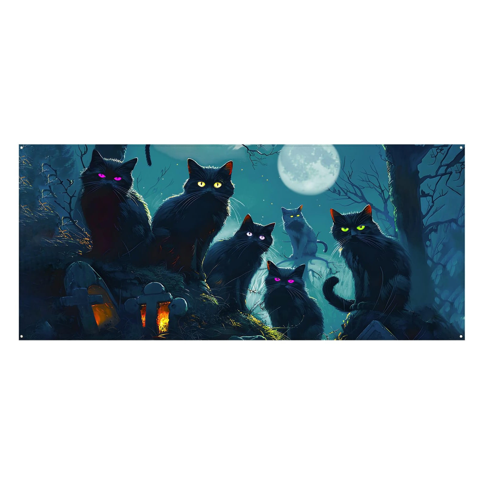 Happy Halloween Door Banner - Pumpkin Black Cat Full Moon Decor, 73x35.4 Inch Polyester, Indoor Outdoor