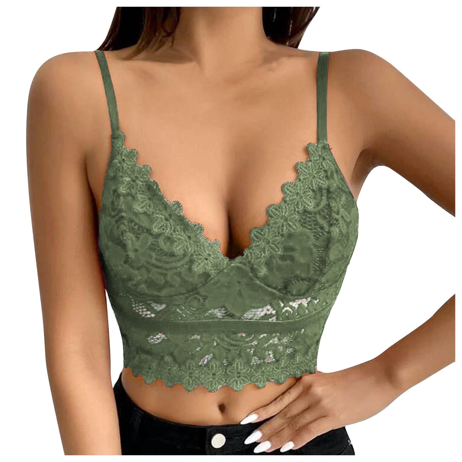 BIZIZA Womens Bra Bralette Sexy Lace Crop Top Plus Size V Neck Army Green  Small