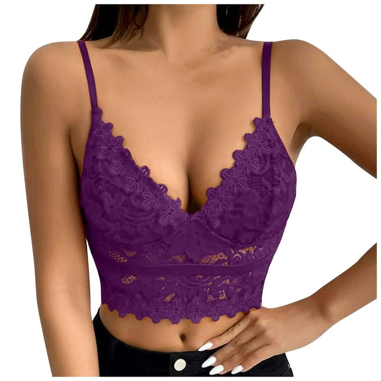 BIZIZA Womens Bra Bralette Sexy Lace Crop Top Plus Size V Neck Dark Purple  Large 