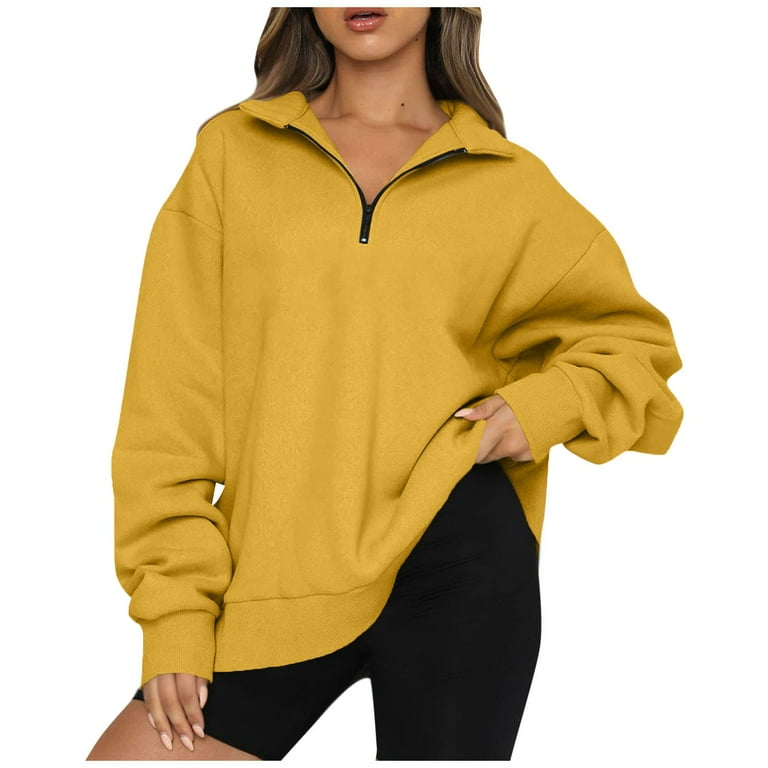 BIZIZA Womens Long Sweatshirt Quarter Half Zip Up Womens Plain Solid Color 1 4 Zip Long Sleeve Sweater Plus Size Fall Pullover V Neck Top for Women
