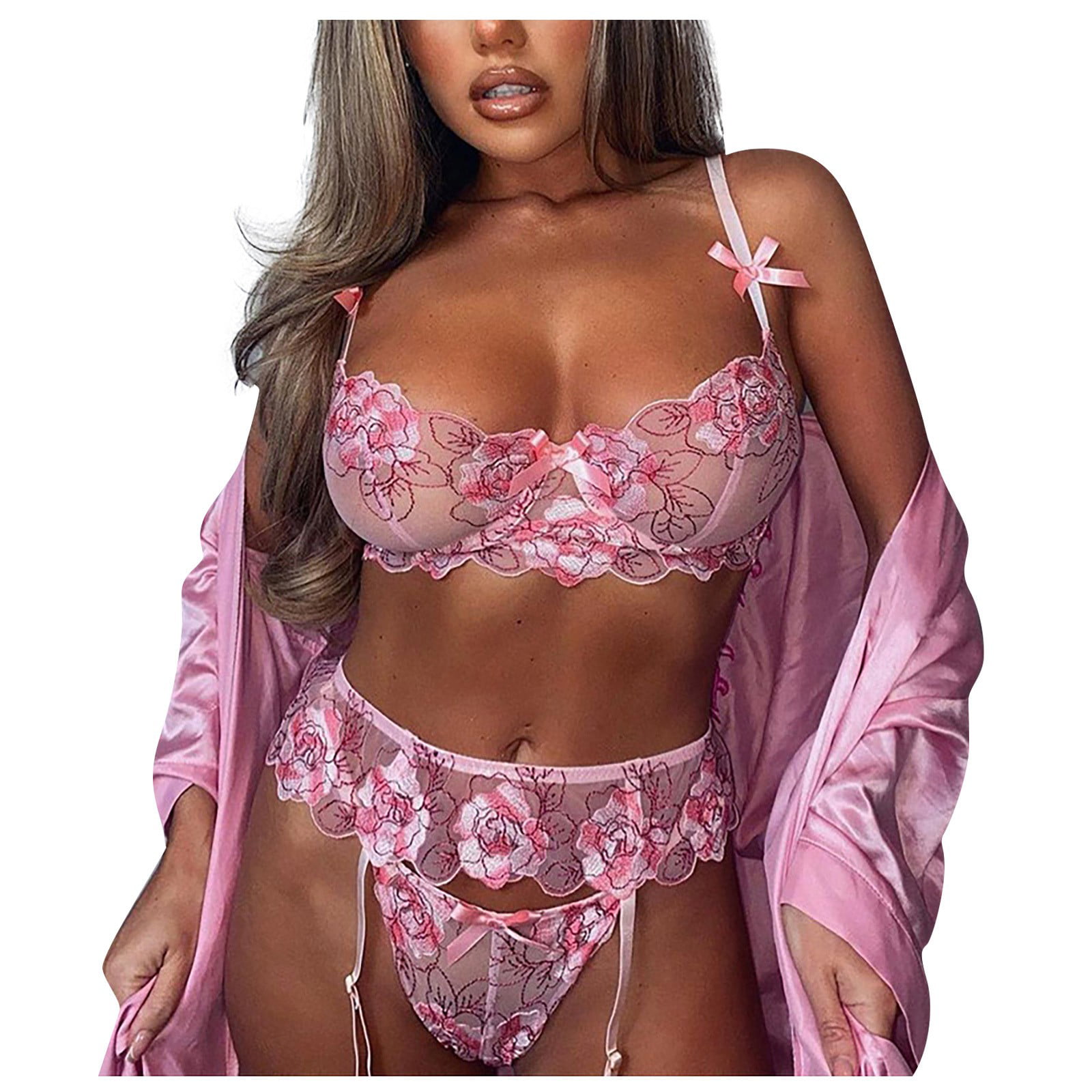 BIZIZA Pink Lingerie Sexy 2 Piece Womens with Skirt Lace Bra and