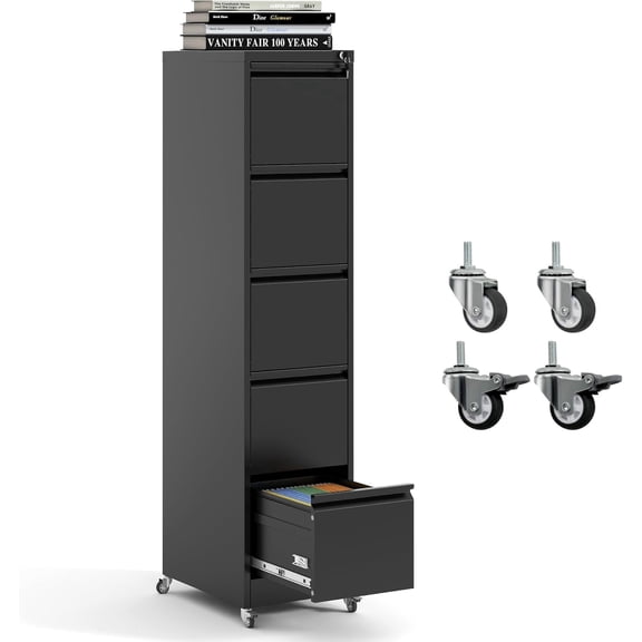 BIZOEIRON 5 Drawer Mobile File Cabinet with Lock, Metal Rolling Filing Cabinet with Wheels for Hanging Legal/Letter Size Files, Black