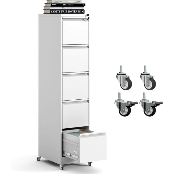 BIZOEIRON 5 Drawer Mobile File Cabinet with Lock, Metal Rolling Filing Cabinet with Wheels for Hanging Legal/Letter Size Files, White
