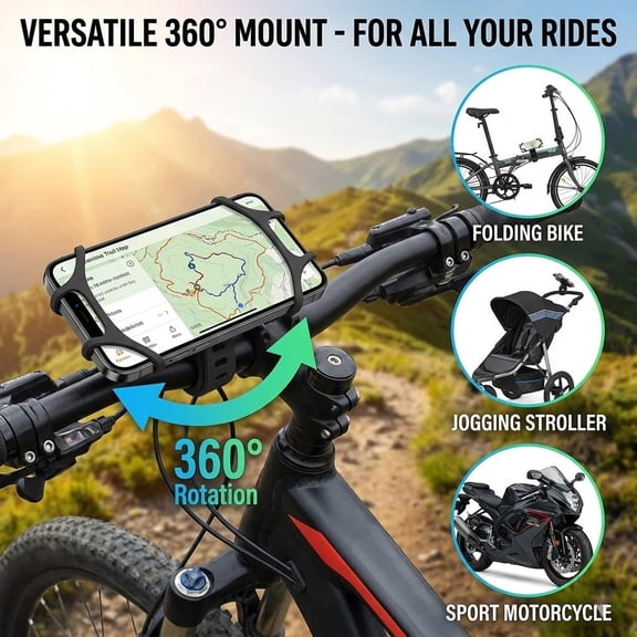Universal Bike Phone Mount, 360 Rotation Silicone Bicycle Motorcycle Handlebar Holder