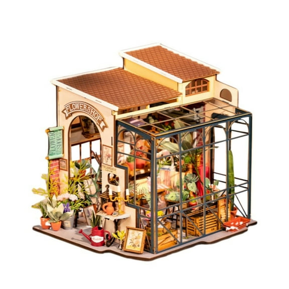 BJBSJSZ Flower Shop 3D Model Tiny House Building with LED Lights | Hands Craft DIY Miniature Dollhouse Kit – Wooden Puzzle | Gift for Flower Lovers & Crafters