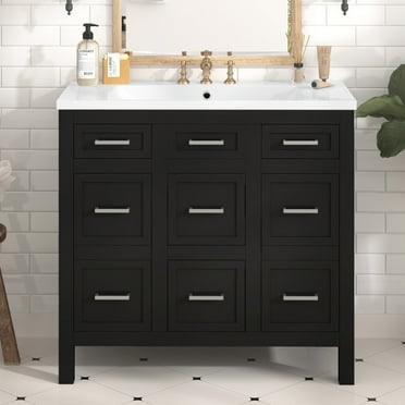 BJJAT 36" Modern Bathroom Vanity with Sink Combo Set, Solid Wood Frame Bathroom Storage Cabinet with 2 Soft Closing Doors and 4 Drawers , Black