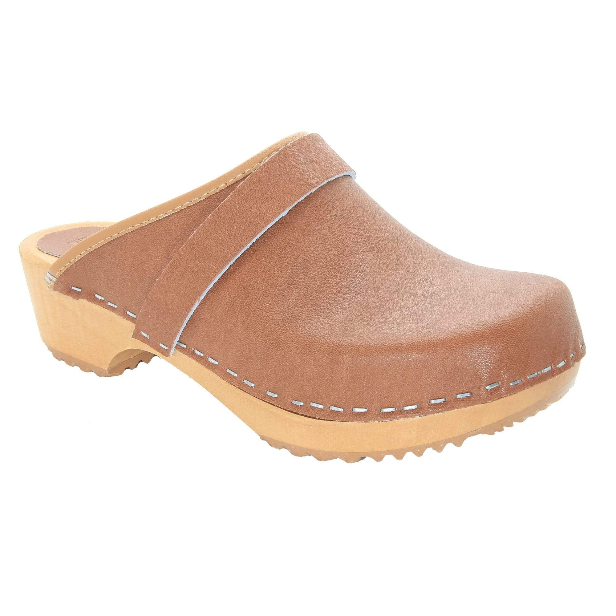 Brown Genuine Leather Open Back Clogs with Wood Sole