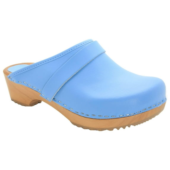 BJORK Maja Open Back Wood Leather Clogs (Light Blue - EU40)