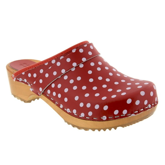 BJORK Maja Open Back Wood Leather Clogs (Red Polka Dots - EU39)