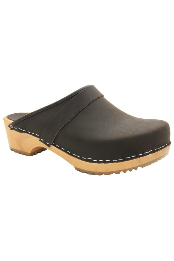 Maja Wood Open Back Brown Oiled Leather Clogs