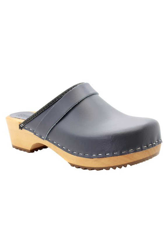BJORK Maja Wood Open Back Grey Leather Clogs