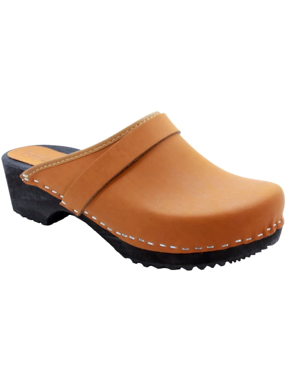 Maja Wood Open Back Leather Clogs in Cognac