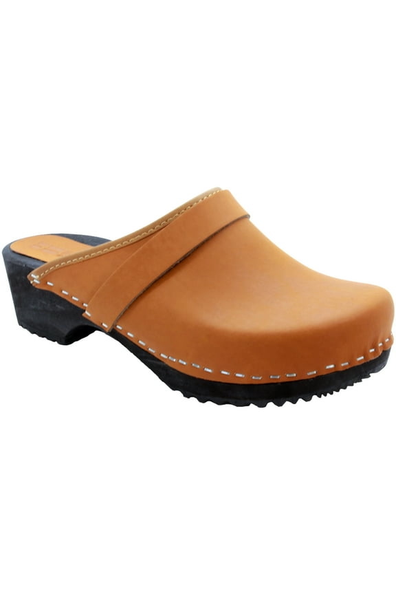 Maja Wood Open Back Leather Clogs in Cognac