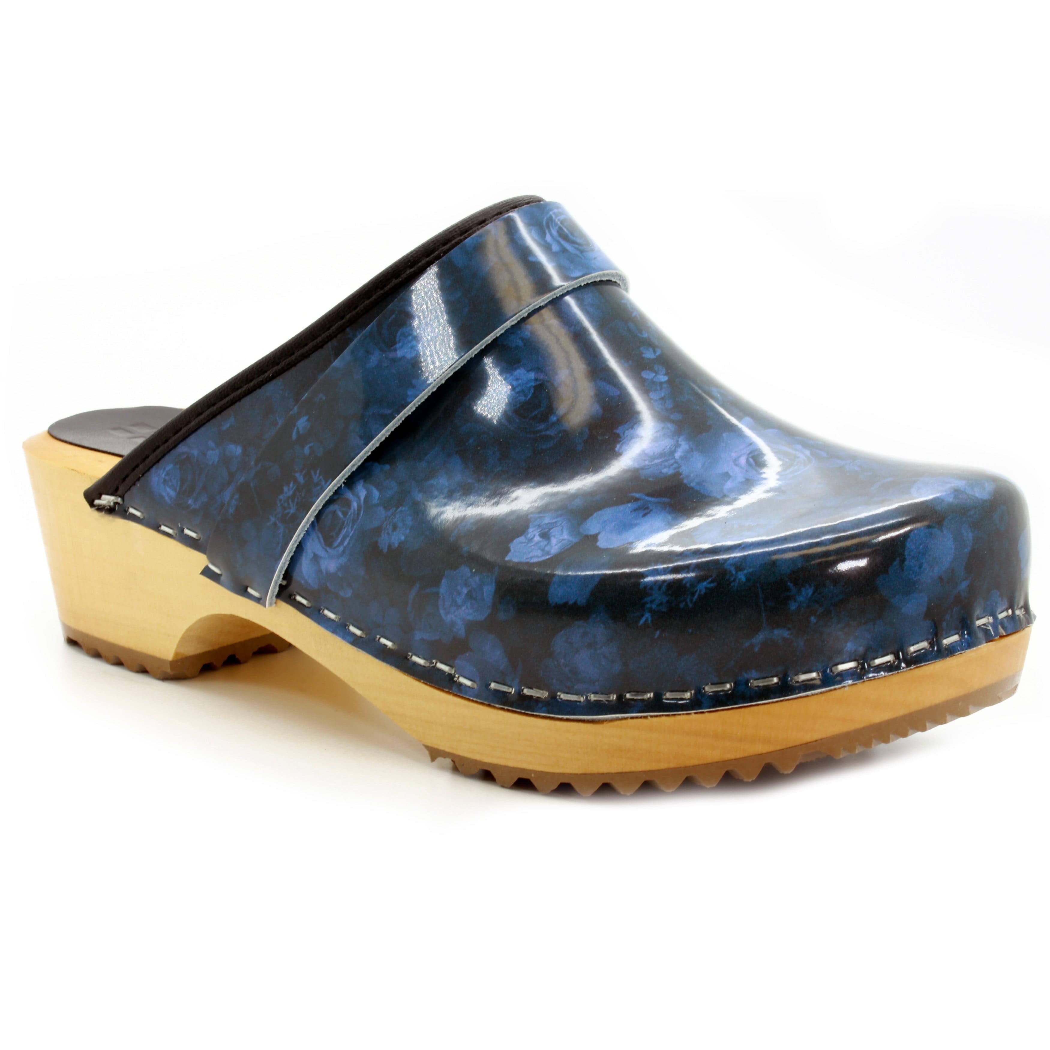 Blue Floral Genuine Leather Women's Clogs with Wooden Sole