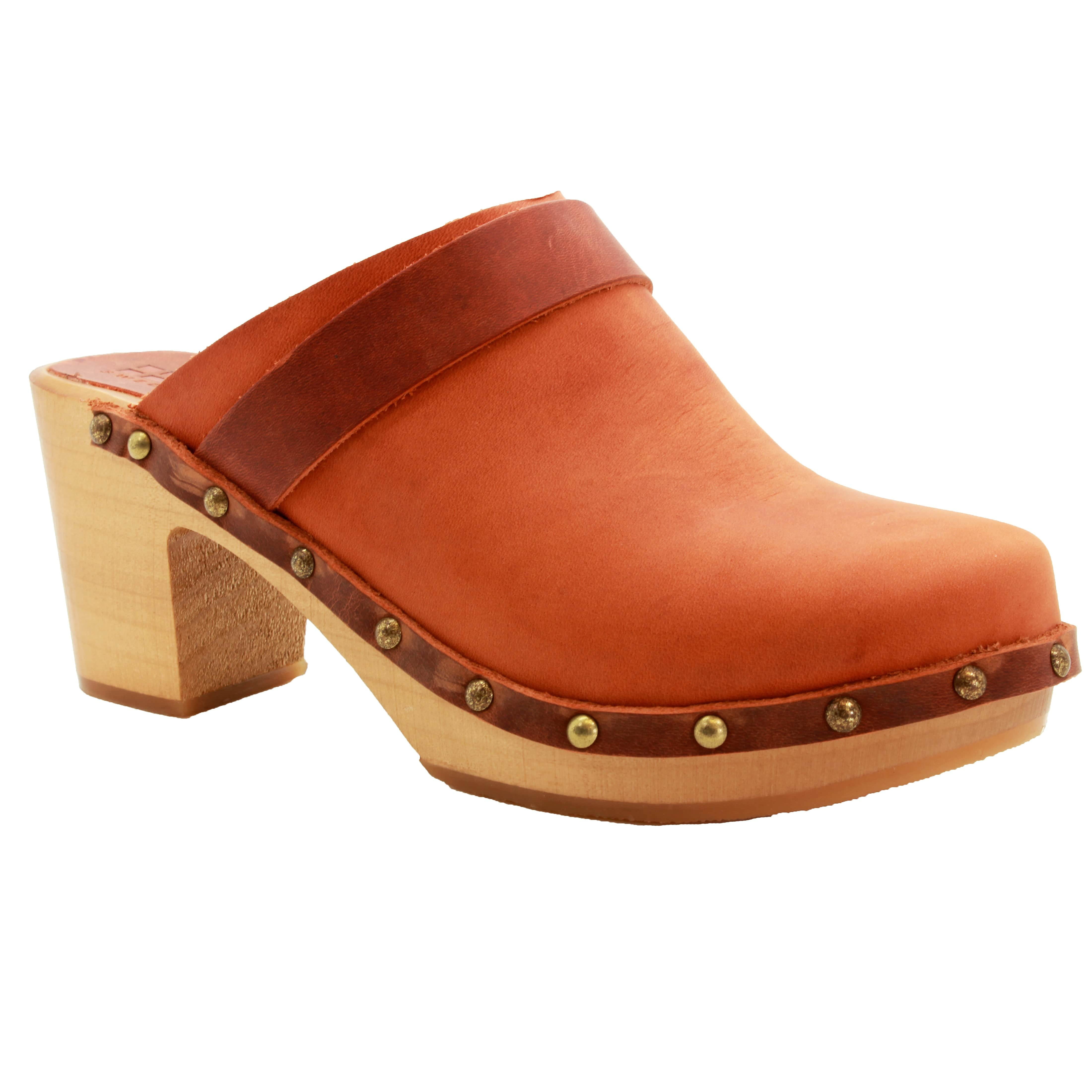 Terracotta Genuine Leather Mid-Heel Clogs with Wood Outsole