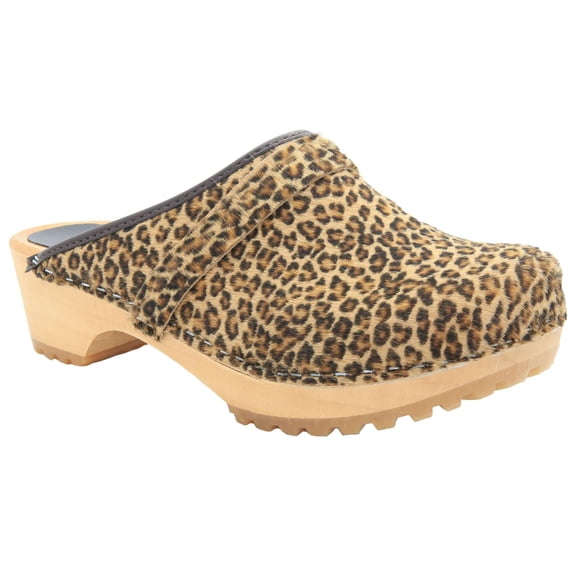 BJORK Safari Wood Open Back Leopard Clogs