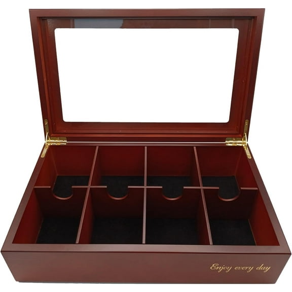 BJOYFUL&LOVED BJL Tea Bag Organizer, Wooden Tea Box with 8 Compartments, Large Capacity Tea Holder for Storage, Decorative Vintage Handmade Tea Container, Cherry Color, with Window Lid