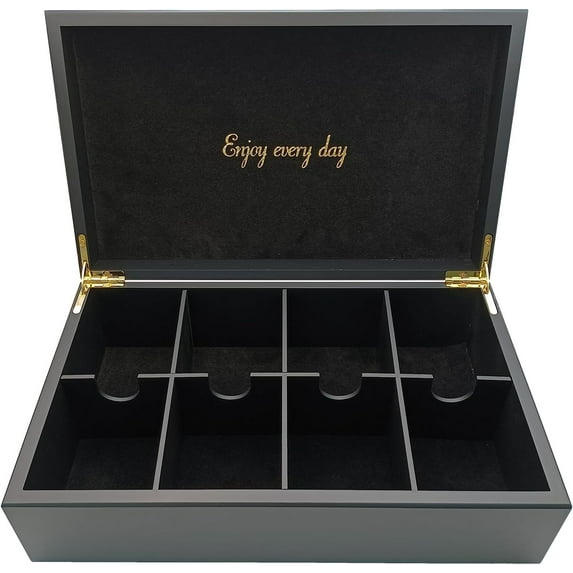 BJOYFUL&LOVED BJL Tea Bag Organizer, Wooden Tea Box with 8 Compartments, Large Capacity Tea Holder for Storage, Decorative Vintage Handmade Tea Container, Black Color, without Window Lid