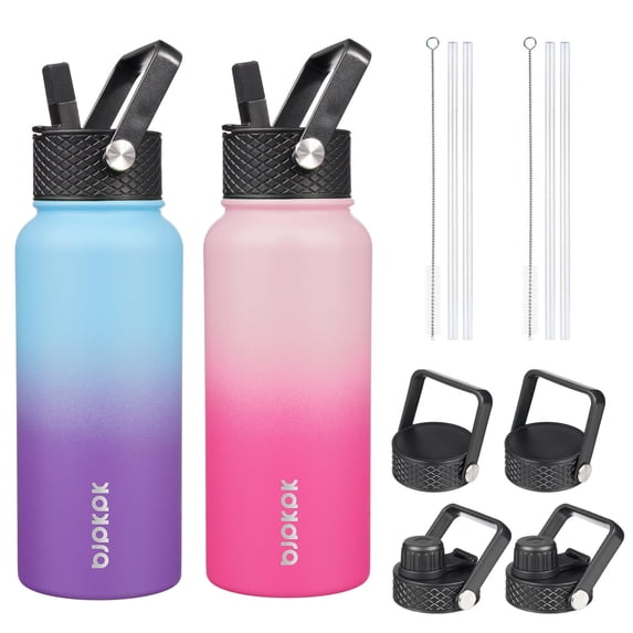 BJPKPK 2 Pack Insulated Water Bottles with Straw Lids, 32oz Stainless Steel Metal Water Bottle with 6 Lids, Leak Proof BPA Free Thermos, Cups, Flasks for Travel, Sports (Cherry+Ocean Dream)