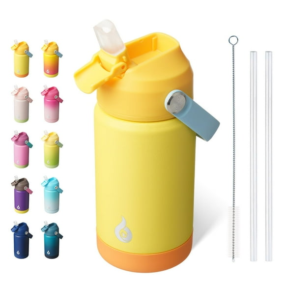 BJPKPK Insulated Water Bottle with Straw Lid, 12oz Thermos Water Bottles with Soft Nozzle, Flex Handle & Non-slip Boot, BPA Free Leak Proof Stainless Steel Metal Water Bottles, Tumblers, Cups,Yellow