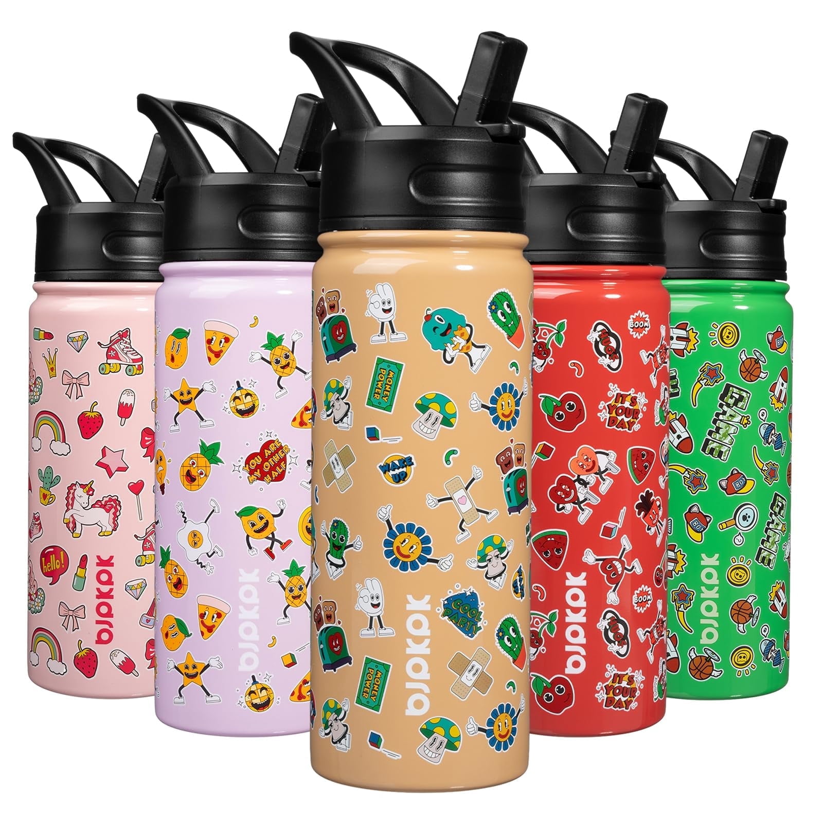 BJPKPK Insulated Water Bottle with Straw Lid, 18 oz Stainless Steel Metal Water Bottles, Reusable Leak Proof BPA Free Water Bottles, Cups, Thermos, Spring Party-Brown