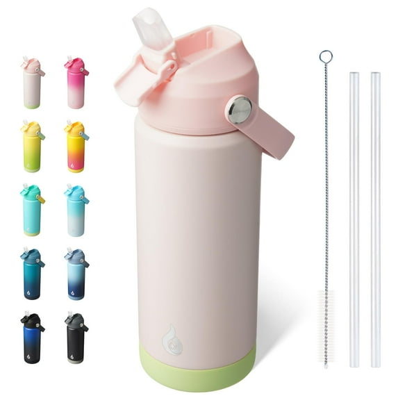 BJPKPK Insulated Water Bottle with Straw Lid, 18oz Thermos Water Bottles, Flex Handle & Non-slip Boot, BPA Free Leak Proof Stainless Steel Metal Water Bottles, Tumblers, Cups,Pearl Pink