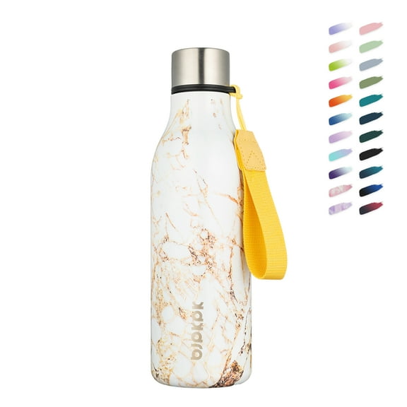 BJPKPK Insulated Water Bottles, 18 oz Stainless Steel Metal Water Bottle with Strap, BPA Free Leak Proof Thermos, Mugs, Flasks, Reusable Water Bottle for Sports & Travel, Marble-Amber