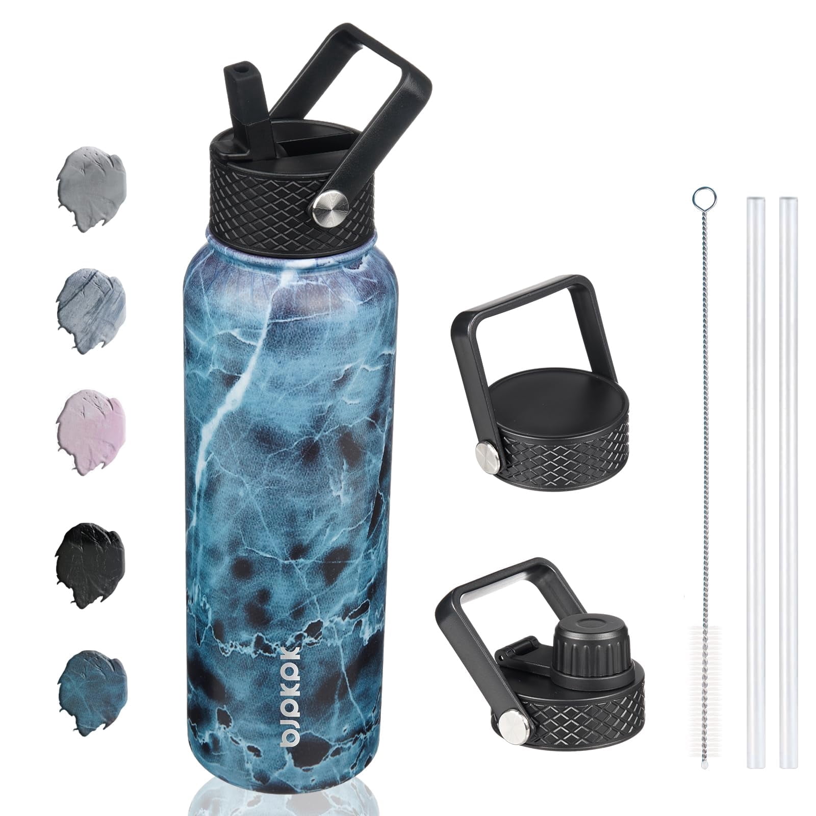BJPKPK Insulated Water Bottles with Straw Lid, 40oz Stainless Steel Water Bottles with 3 Lids, Large Metal Water Bottle, BPA Free Leakproof Thermos Water Bottle for Sports & Gym- Ocean
