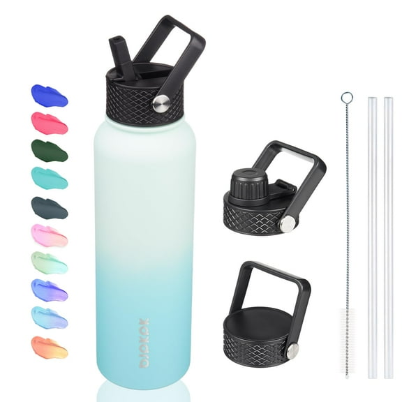 BJPKPK Insulated Water Bottles with Straw Lid, 40oz Stainless Steel Water Bottles with 3 Lids, Large Metal Water Bottle, BPA Free Leakproof Thermos Water Bottle for Sports & Gym- Mint