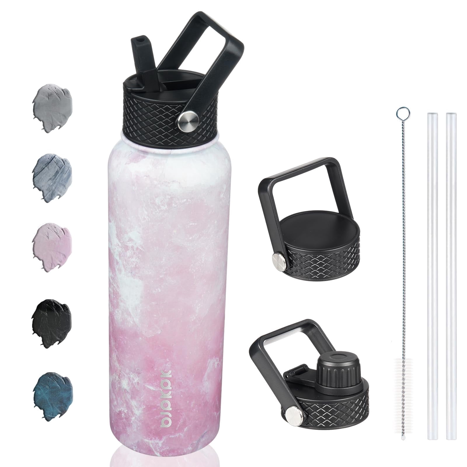 BJPKPK Insulated Water Bottles with Straw Lid, 40oz Stainless Steel Water Bottles with 3 Lids, Large Metal Water Bottle, BPA Free Leakproof Thermos Water Bottle for Sports & Gym- Blossom