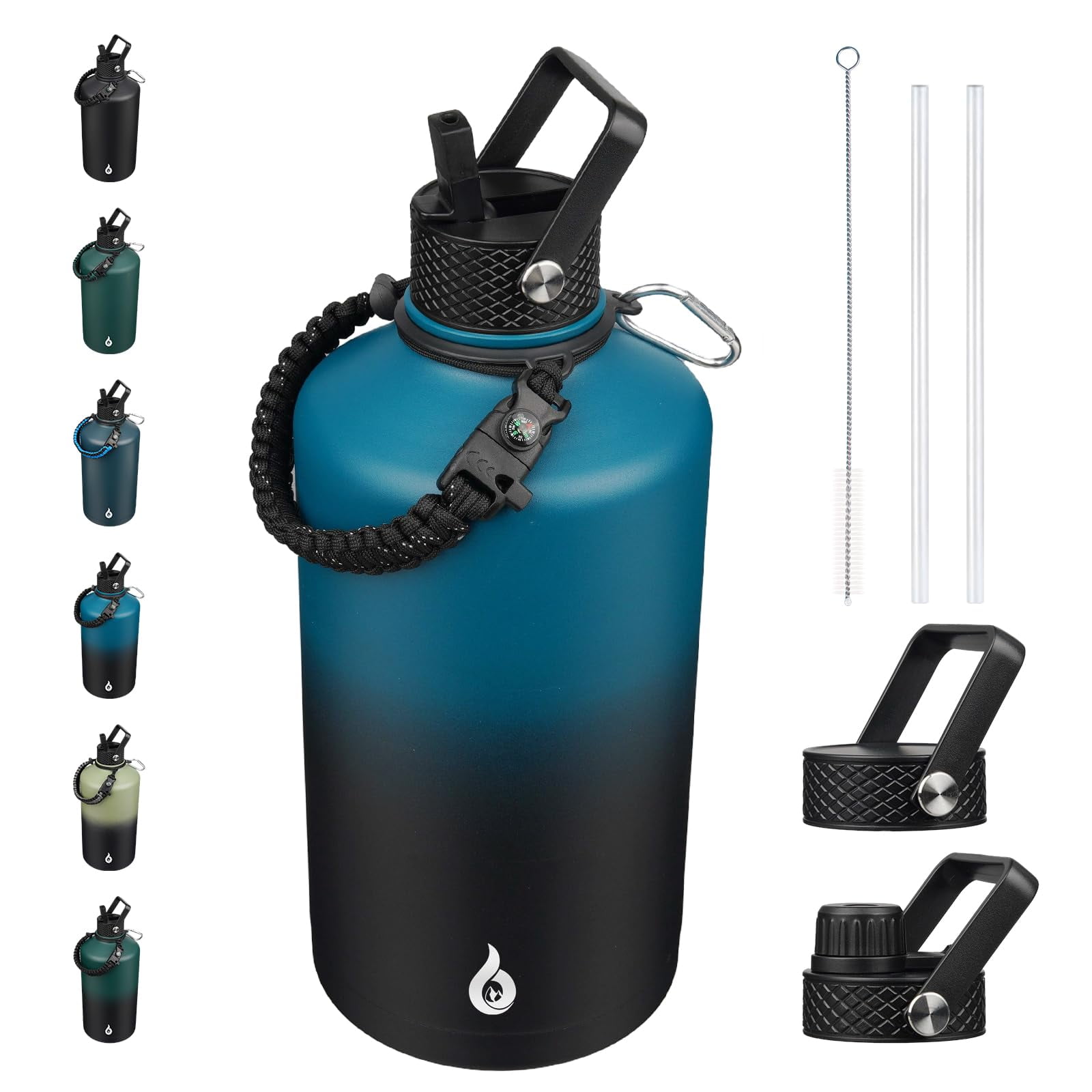 BJPKPK One Gallon Insulated Water Bottles with Straw Lid, 128oz Large, Stainless Steel Water Bottles with 3 Lids and Paracord Handle for Hot & Cold Liquid, Black Blue