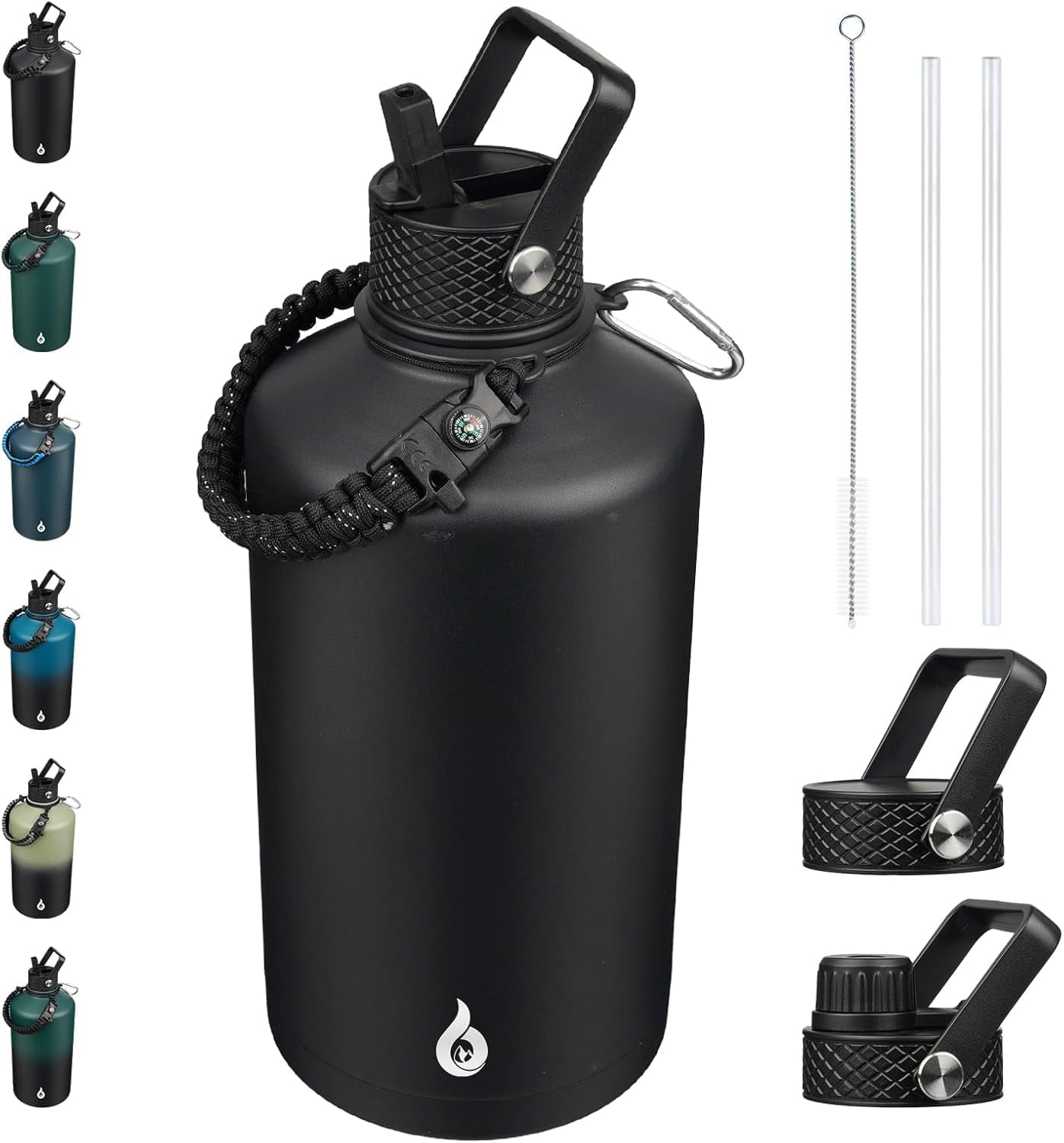 BJPKPK One Gallon Insulated Water Bottles with Straw Lid, 128oz Large, Stainless Steel Water Bottles with 3 Lids and Paracord Handle for Hot & Cold Liquid, Black