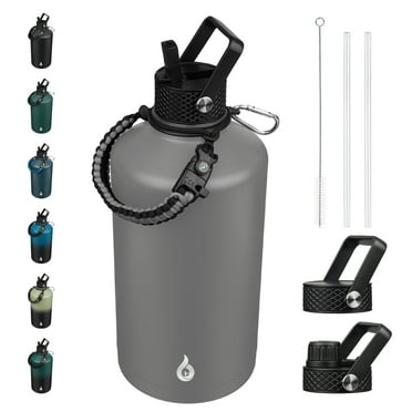 BJPKPK One Gallon Insulated Water Bottles with Straw Lid, 128oz Large, Stainless Steel Water Bottles with 3 Lids and Paracord Handle for Hot & Cold Liquid, Gray