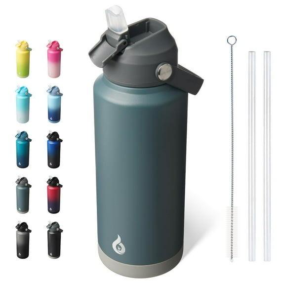 BJPKPK Water Bottle with Straw Lid, 32oz Vacuum Insulated Water Bottles, Metal Stainless Steel Water Bottles for Sports, Travel, BPA Free Leak Proof Thermos, Grey