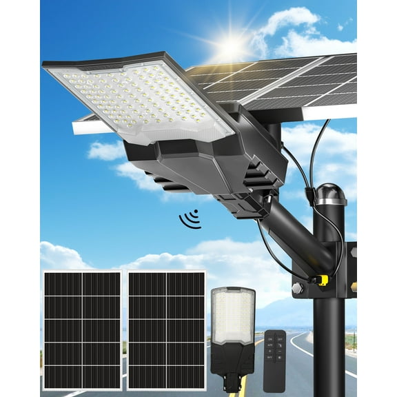BJSUC Solar Street Lights , Commercial Parking Lot Light Dusk to Dawn IP67 Industrial Grade Waterproof Flood Lights Lamp for Yard, Road, Garages