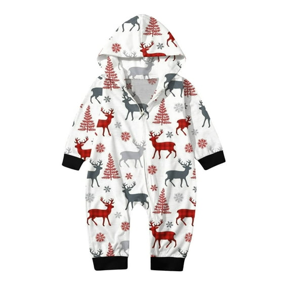 BJUTIR Baby Christmas Sets White Prints Hooded Zipper Jumpsuit Family Outfit Festive Pajama Sets