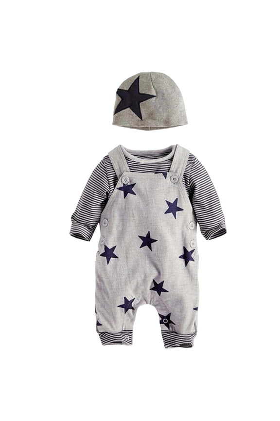 Boys Clothes Set Casual Star Print Outfit Overall Pants Long Sleeve Shirt And Hat Three Piece Set Durable Clothing Set Size 2-3 Years
