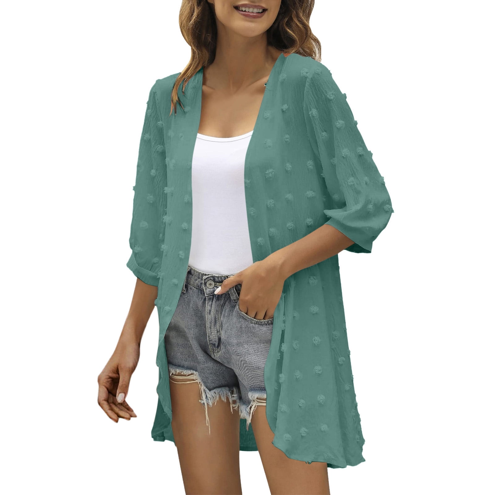 Draped Ruffles BJUTIR Womens Cardigans Casual Cardigan Three Quarter Sleeve Open Front ...
