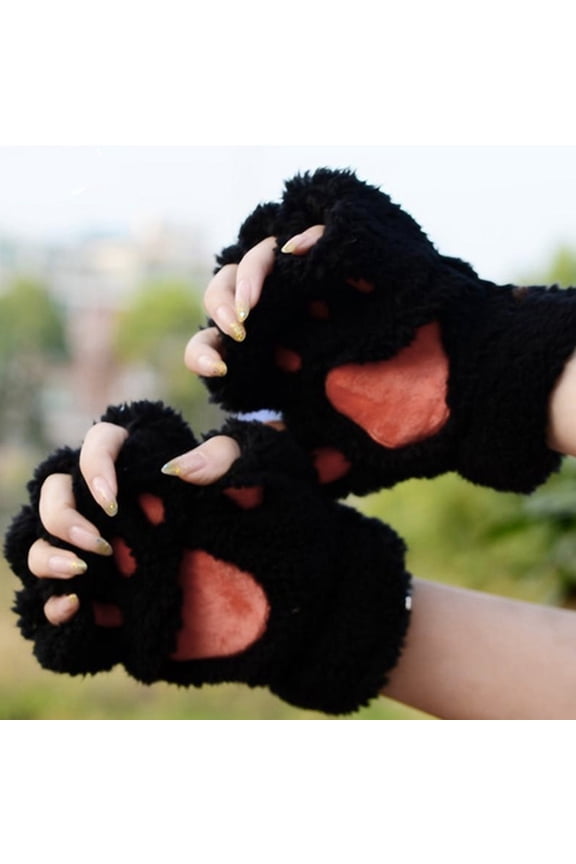 Cat'S Claw Gloves Plush Half-Finger Bear'S Paw Fingerless Gloves Cute Women Thick Halter Gloves Cartoon Warm Gloves Outdoor Accessories