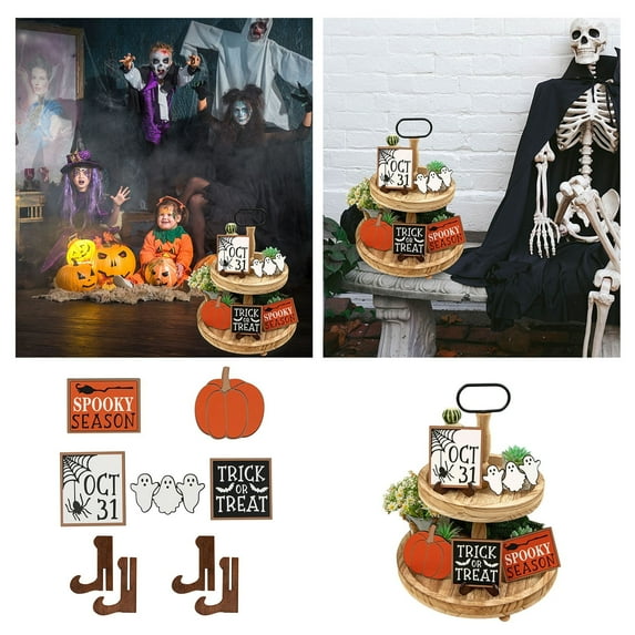 BJUTIR Decorations Trays Supplies 1 Set Of Tiered Tray Decorations Wooden Signs For Home And Office Decor Wooden Signs Decor With Witch Hat Cute Pumpkin