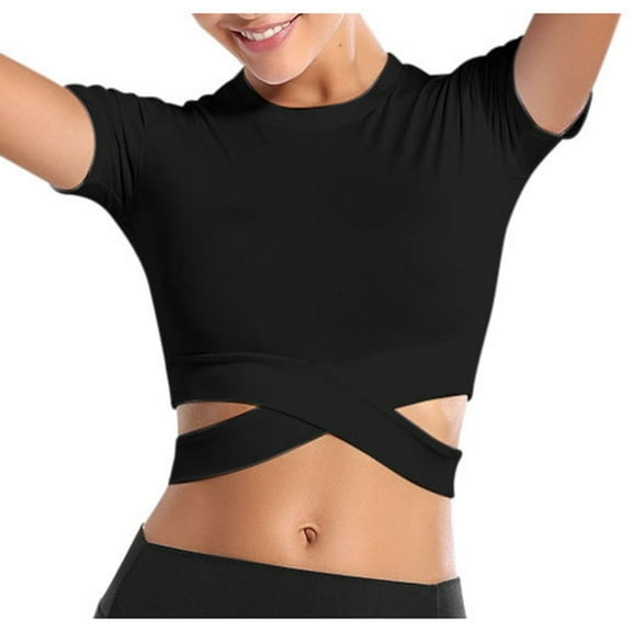 Shirts For Women Graphic Tees Y2K Crop Tummy Cross Short Sleeve Sport Yoga Womens Tops Casual