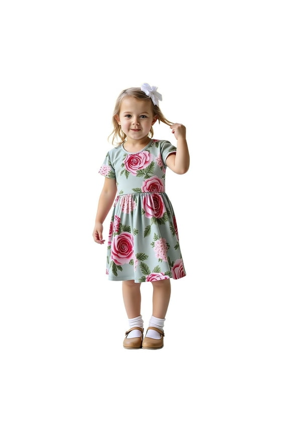 Dresses For Girls Size 4-5 Y Girl Casual Dress With Trendy Floral Print Fashionable Kids Summer Dress Mint Green Sundress