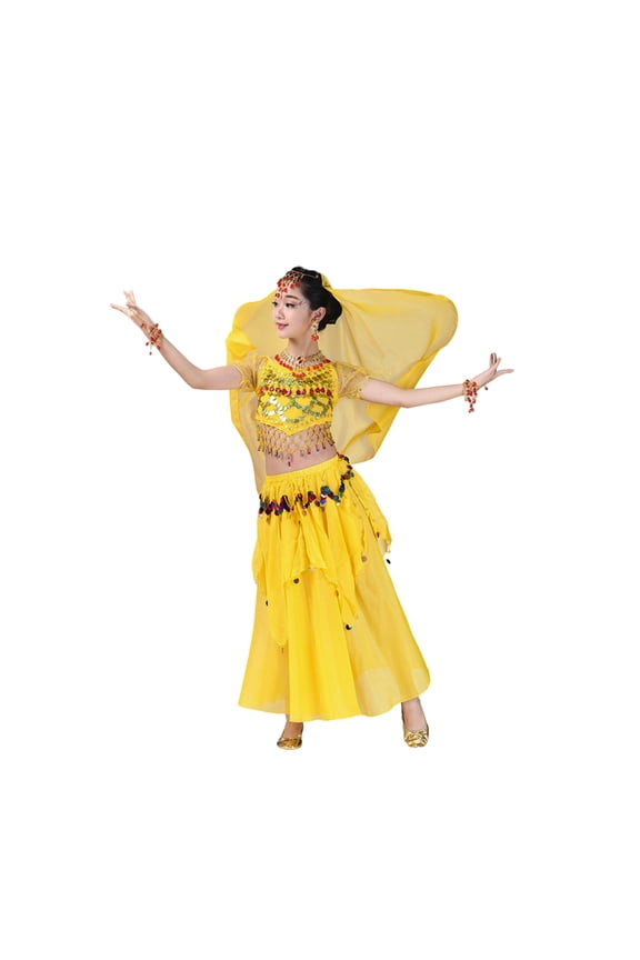 Girls 2 Piece Sets Belly Dance Performance Outfit Long Sleeve Dress With Skirt For Stage Shows And Party Soft Clothes Set Size 9-12 Years