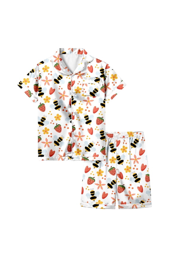Girls 2 Piece Sets Fashion Festival Printed Button Down Lapel Short Sleeved Top Shorts Pajamas Set Sweet And Cute Clothes Suit Size 10-11 Years